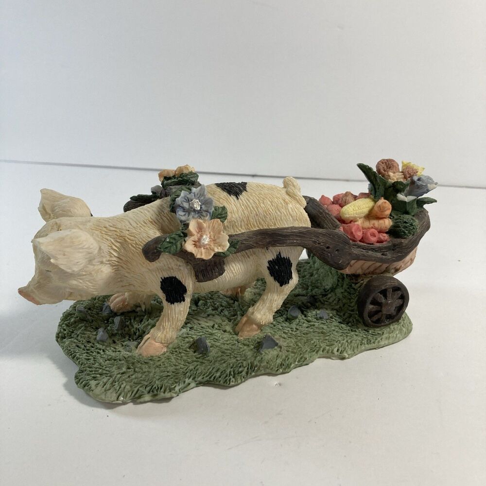 Pig Pulling a Vegetable Cart, 7" long Colorful Flowers Around Neck Farmhouse